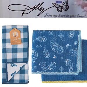Dolly Parton Paisley and Checkered Kitchen Towel & Dish Cloth Set- Blue
